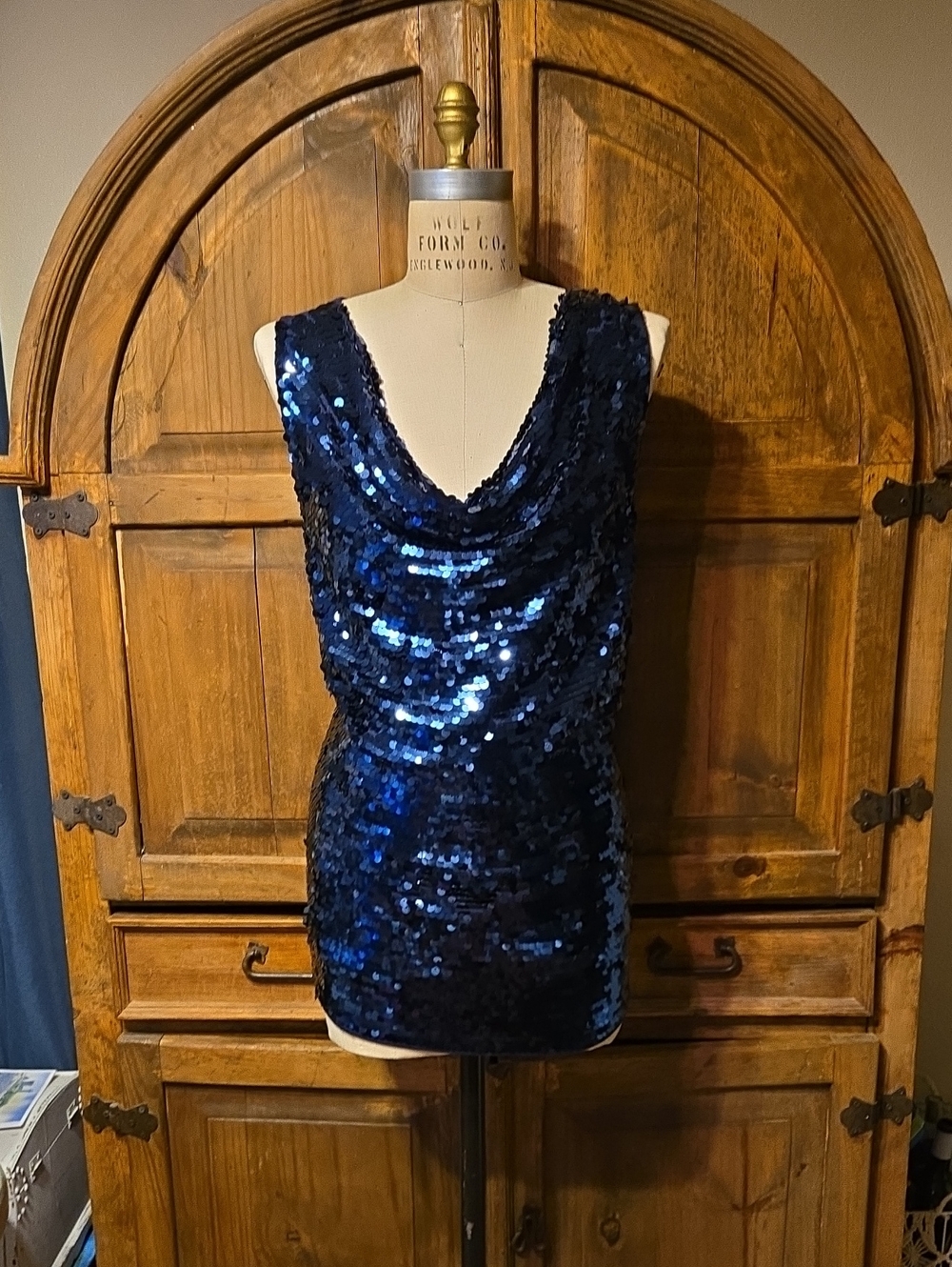 INC International Concepts Navy Sequin Draped Cowl Neck Tunic